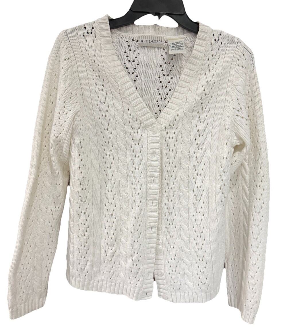 Vintage White Stag Knit V-Neck Button Cardigan Sweater Womens Small 4/6 Japan